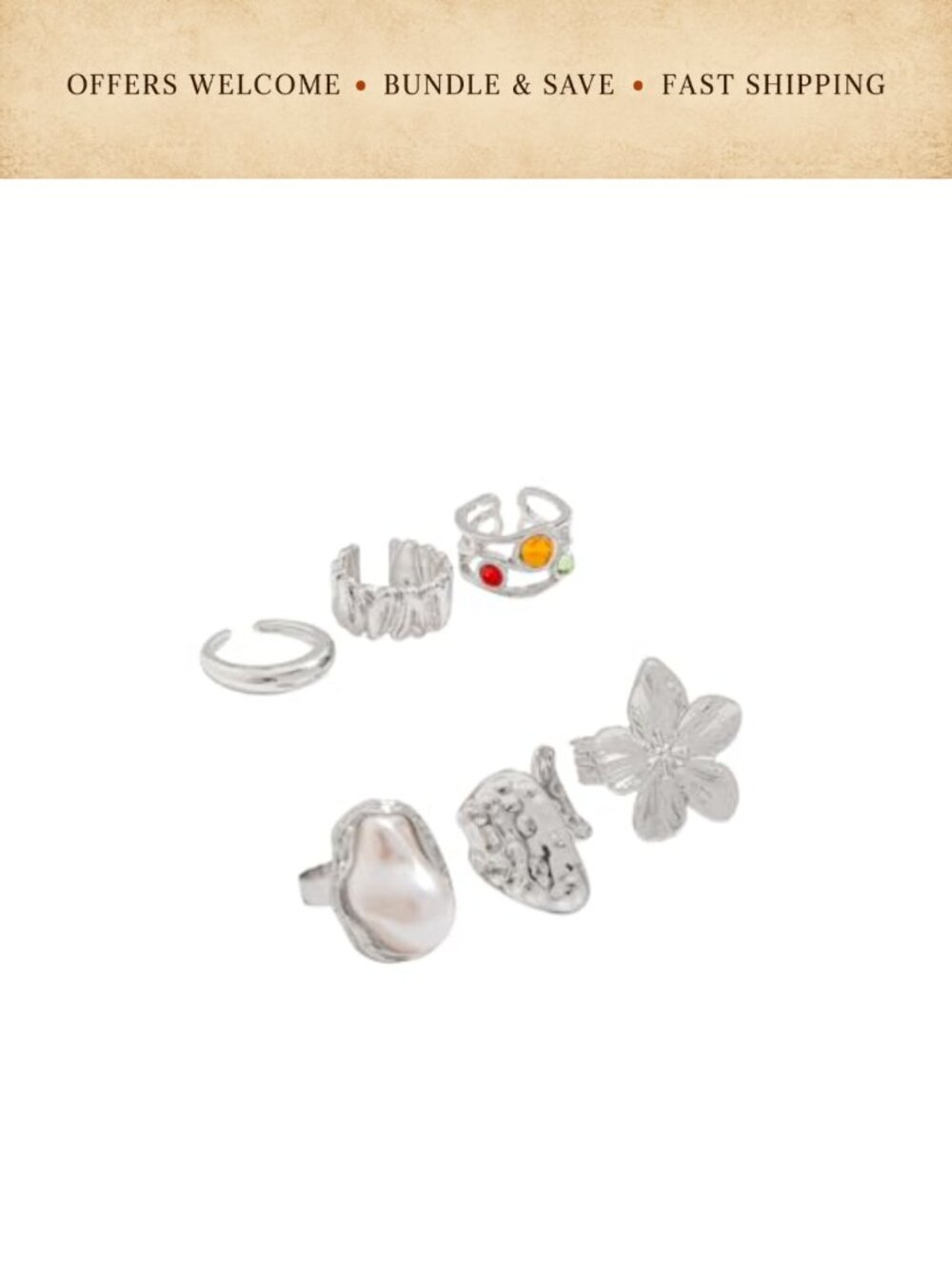 6pc Chunky Knuckle Ring Set Crystal Stacking Flower Pearl Adjustable Statement